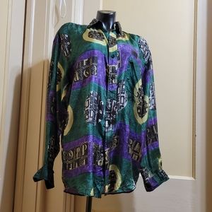 Vintage Pure 100% silk Geometric/Tribal Button Down Shirt